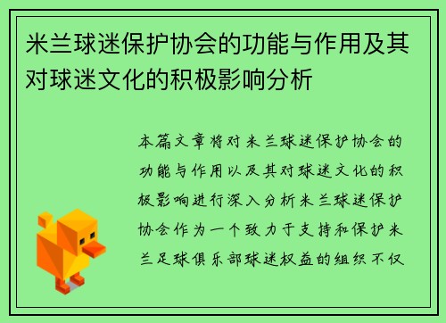 米兰球迷保护协会的功能与作用及其对球迷文化的积极影响分析