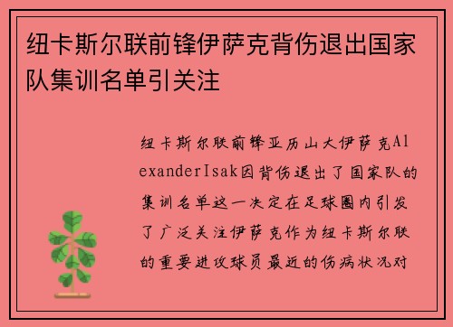 纽卡斯尔联前锋伊萨克背伤退出国家队集训名单引关注